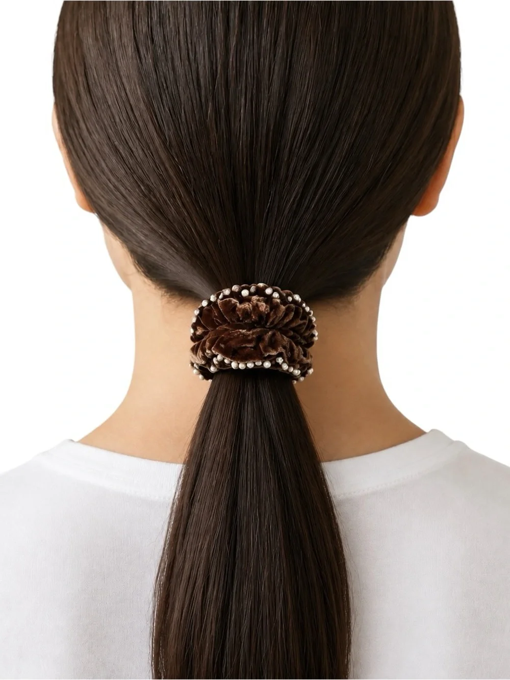 New Dark Brown Velvet Allover White Pearl Rhinestone Comfy Scrunchie Hair Tie